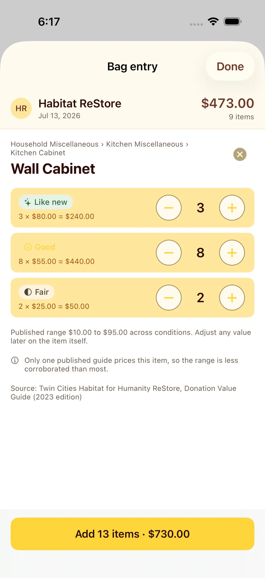 Bag entry in DeductiBee: one item counted 3 Like new at $80, 8 Good at $55 and 2 Fair at $25, showing the published range across conditions, a note that only one guide prices this item, the source it came from, and an Add 13 items button totalling $730