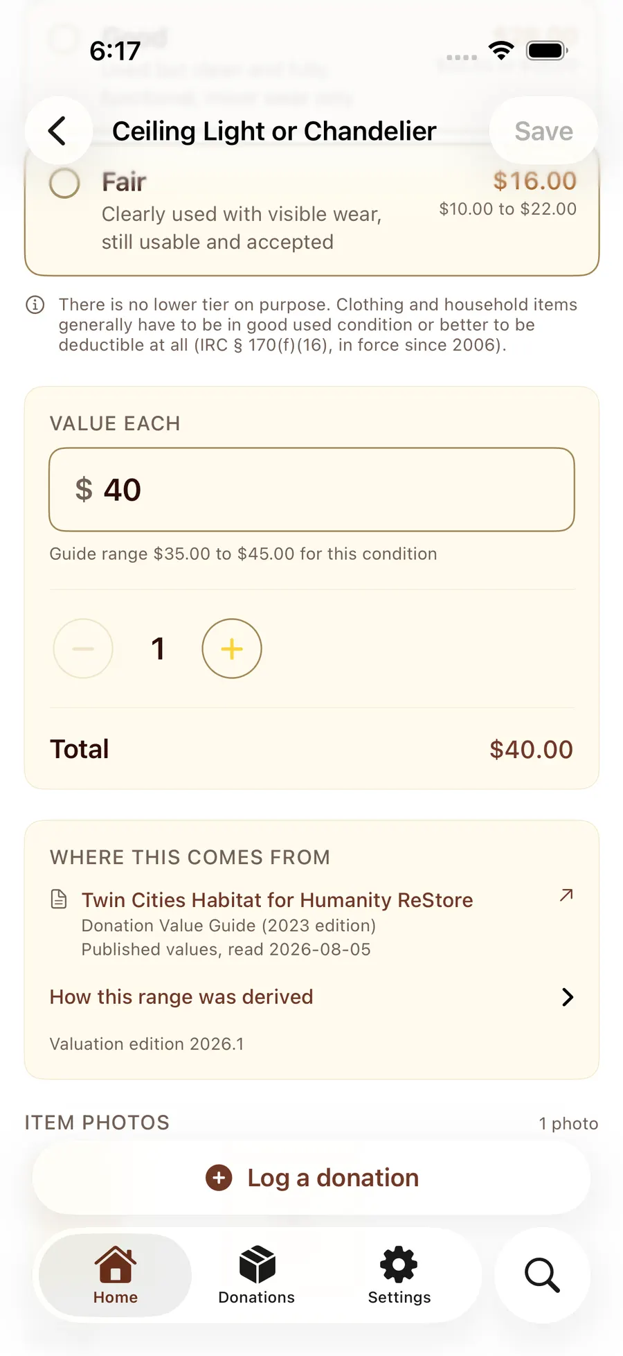 An item in DeductiBee valued at $40 against a guide range of $35 to $45 for its condition, with a "Where this comes from" panel naming the published valuation guide it was derived from and the edition it belongs to
