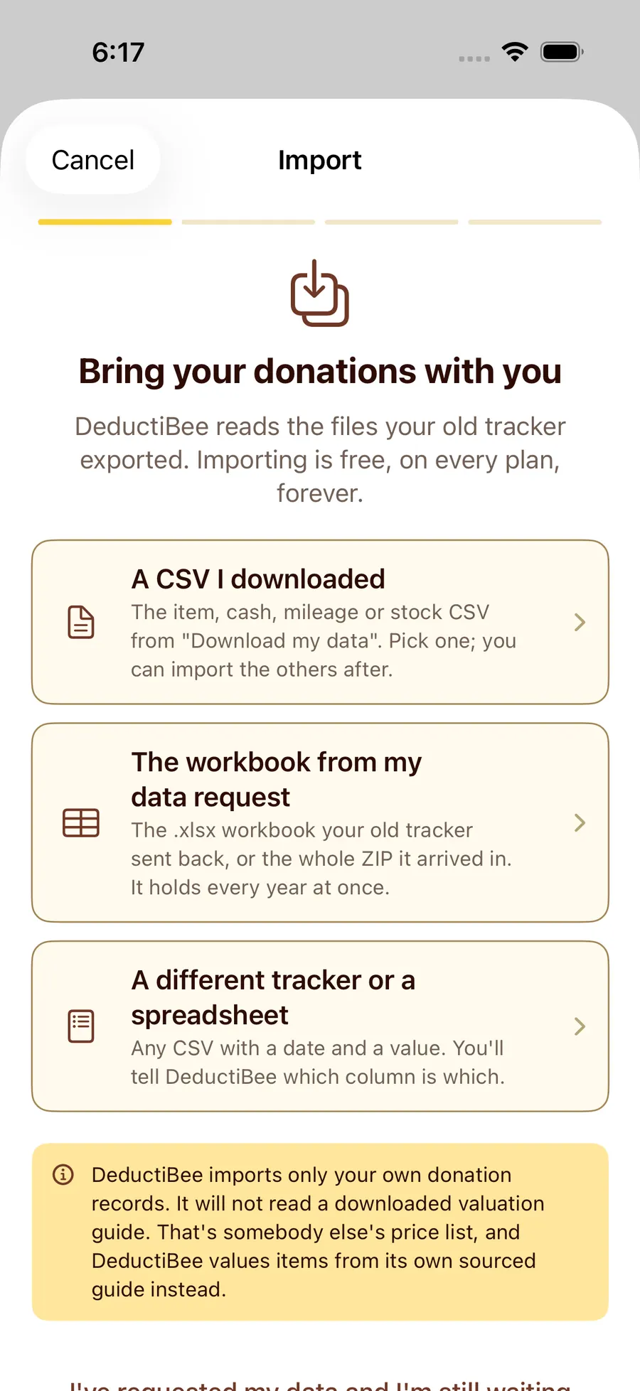 The DeductiBee import screen offering three ways in: a CSV downloaded from an old tracker, the spreadsheet returned by a data request, or any other spreadsheet with a date and a value
